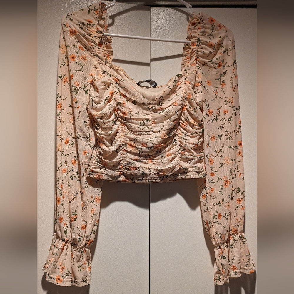 Peach Floral Print Ruched Long Sleeve Top